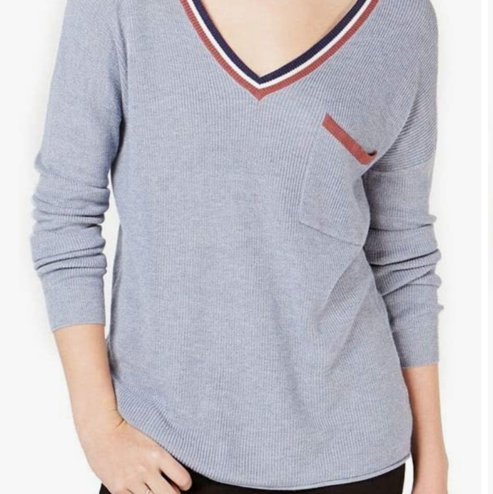 NWT Hippie Rose Woman's V-neck Gray Blue Relaxed Sweater sz XL